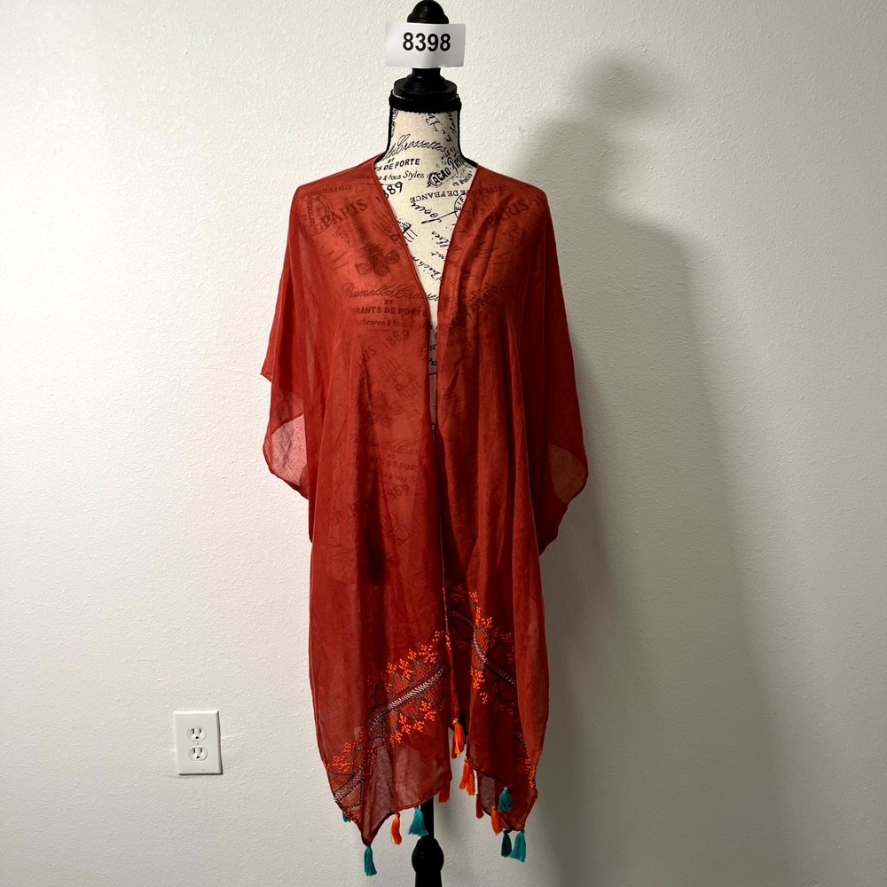 Janice Kimono Womens One Size Orange Embroidered Tassels Bohemian Beach Cover Up